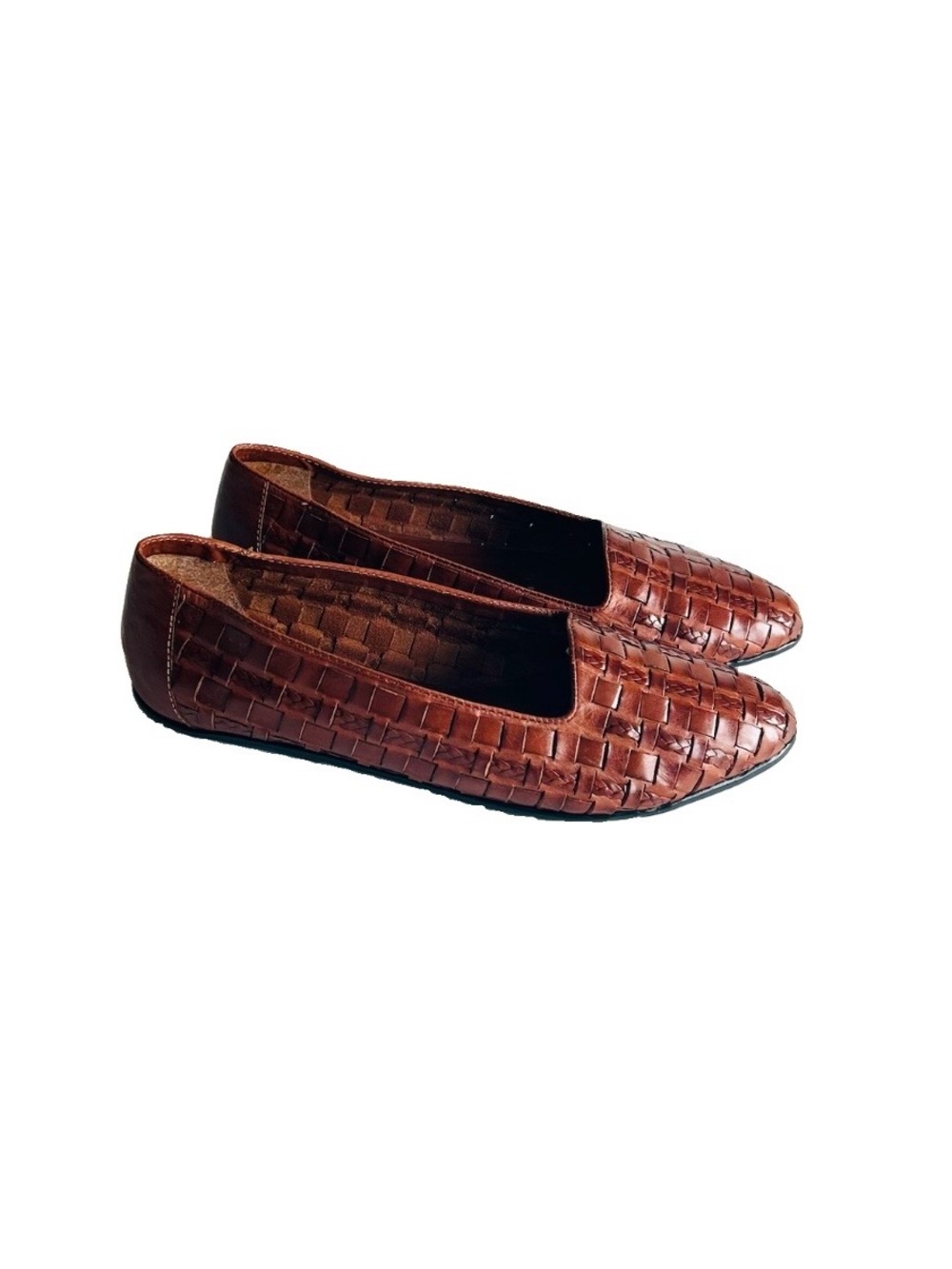 Brass Plum Shoes Tan Brown Leather Weaving Rubber Outsole Flats size 10